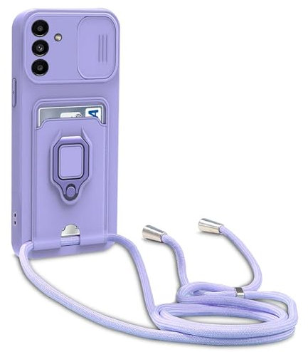 YFSYLL Coque Compatible avec Samsung Galaxy A55,Collier pour Étui Colliers de cellulaire Réglable Lanyard Silicone Case,Protection caméra,Support Annulaire,Fentes pour Cartes,Violet