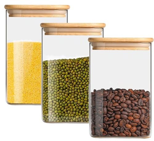 NAVACALA Lot de 3 bocaux de conservation carrés en verre avec couvercles 1150 ml, lot de 3 boîtes hermétiques en verre borosilicate pour aliments de cuisine, cylindre transparent avec couvercle 1150
