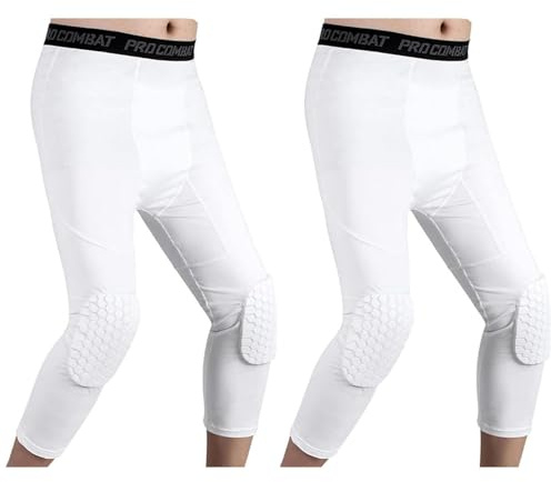 HULG Pantalones De Baloncesto con Rodilleras, Pantalones De Compresión 3/4 para Hombres, Blancos, XXL