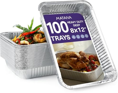 MATANA 100 Heavy-Duty Aluminium Foil Trays - 31×21cm (2000ml) - Roasting & Baking Pans, Baking Tins for Cooking, Meal Prep, Catering & BBQ - Disposable Reusable Food Containers, Oven & Freezer Safe