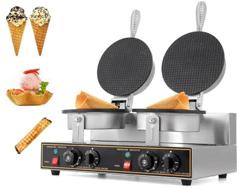 ANGDI Commercial Ice Cream Cone Maker, 1200W+1200W Double Head Waffle Cone Egg Roll Maker Machine with Intelligent Temperature & Time Control, Stainless Steel Body, Nonstick Mold for Restaurant Home