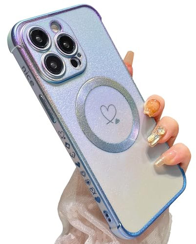 ZTOFERA Magnetic Case for iPhone 14 Pro Max, [Compatible with MagSafe] Luxury Fluorescent Iridescent Matte Silicone Case with Cute Heart Pattern Plated Rim Shockproof Cover, Iridescent Sierra Blue