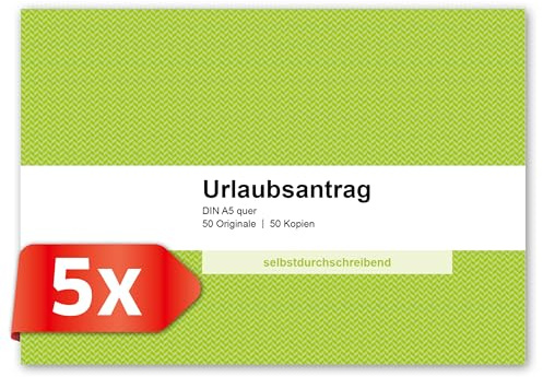 PRIMUS PRINT Urlaubsantrag – DIN A5 quer, 2x50 Blatt, Extra Blätter, Selbstdurchschreibend, Abwesenheitsantrag, 2-fach Lochung, Einzeln oder im Set verfügbar - 5er Set 10x50 Urlaubsanträge