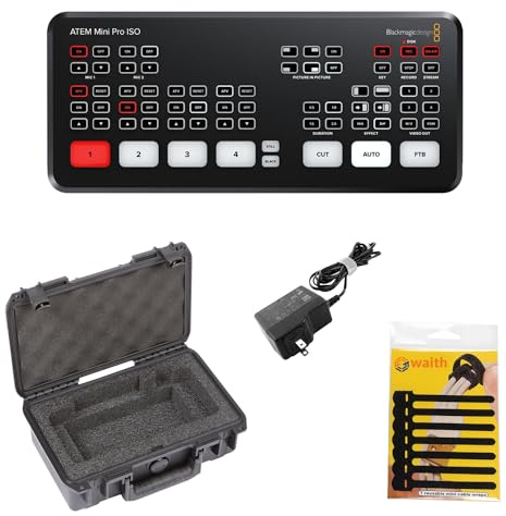 Blackmagic Design Atem Mini Pro ISO HDMI Live Stream Switcher mit SKB iSeries Hartschalenkoffer und Waith 8,9 cm Mini-Kabelumwicklungen (7 Stück) (Bundle Set)
