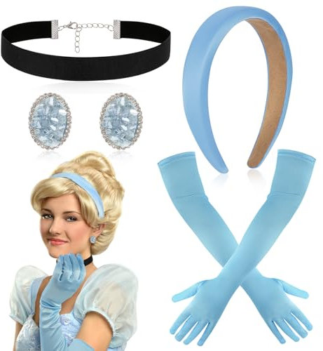 HOWAF Prinzessin Kostüm Damen Mädchen, Prinzessin Krone Haarschmuck Blau Handschuhe, Schwarz Choker Kette Damen, Strass Kristall Ohrringe Schmuck Set für Halloween Kostüm, Fasching Karneval Kostüm