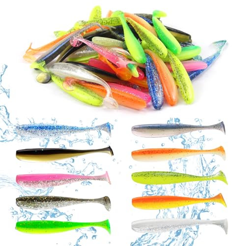 ELEpl 50 Stück 7.5 cm Gummifische Set Eingearbeitete Reflektierende Pailletten mit Transparenter Box Doppelte Versteckte Hakenschlitze Angel Köder 10 Fängige Farben für Barsch Köder Zander Forelle