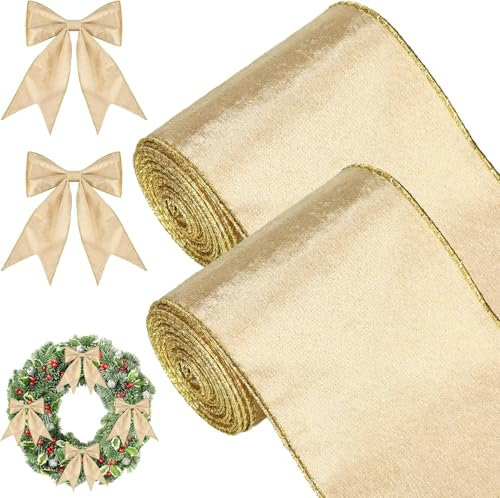 KAHEIGN 2 Rollen Weihnachtsband Gold Weihnachten Samtband, 11m x 10cm Breit Weihnachtssamtband mit Drahtrand, Vintage-Weihnachtsband für Weihnachten, DIY Schleife Dekoband Samt Schleifenband