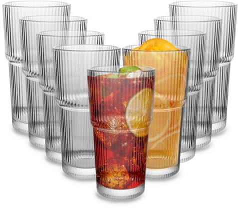 CHPINDAM Drinking Glasses，19oz Ribbed Glassware,9 Pack Old Fashioned Glasses,Thickened glass for iced coffees, smoothies, cocktails and juices, perfect for families and parties (9)