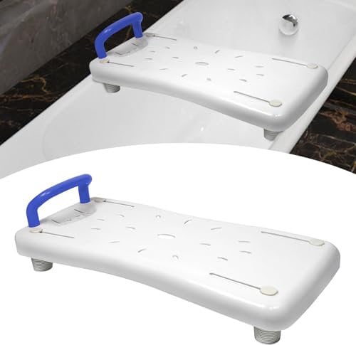 Aufun Bath Board 70 cm Long, Bathtub Seat for Seniors with Soap Dish and Handle, Chair for Bathroom (Blue Handle)