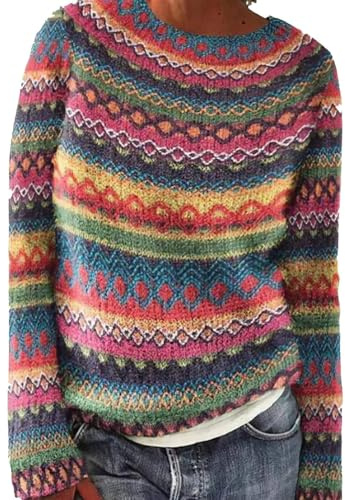 Gyaimxfu Pull norvégien pour femme - Pull long original - Élégant - Col rond - Décontracté - Chaud - Pull d'hiver en cachemire - Manches longues - Chaud - Automne et hiver