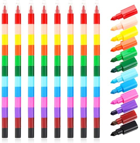 FENQURO 8 Stück Stapelbare Wachsmalstifte, 12 Farben Baustein Buntstifte, Sicherheit und Ungiftig Regenbogen Stift ideal Kleine Geschenke als mitgebsel kindergeburtstag