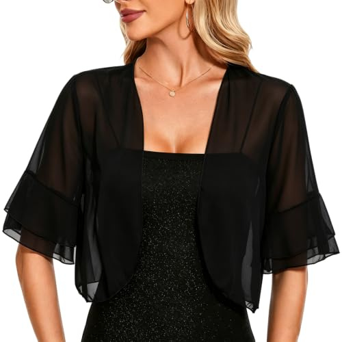 Bolero Cardigans for Women, Chiffon Cropped Cardigan Tops for Wedding Party | Light Cardigan Tops Half Sleeve UK Ruffled Half Sleeve Jacket Ladies Open Front Sheer Shrugs Shawl for Evening Wedding Dress