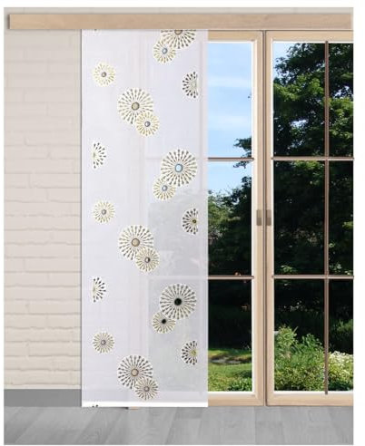 Moderne Flächengardine Lissandra aus Vogtländischer Spitze | Zeitlose Schiebepaneele mit Kreisen in grün-gelb | Halbtransparenter Flächenvorhang | Schiebegardine Höhe x Breite 253 x 70 cm