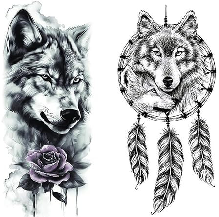 2 Feuilles Tatouage Temporaire Loup Attrape-rêves Tatouage Rose Tatouage Bras Tattoo XQB079 707