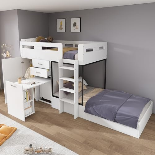 TOBIDOEN Hochbett Etagenbett 90x200 mit Kleiderschrank und Ausziehbarer Schreibtisch mit Regale,Multifunktionales Kinderbett mit Schublade und Leiter,Großer Stauraum,Hochbett für 2 Kinder,Holz