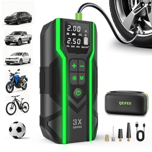 QEIFEII Elektrische Luftpumpe, 160 PSI Akku Kompressor Fahrradpumpe mit Digitalanzeige und LED-Beleuchtung, Geeignet für Autos/Fahrräder/Motorräder/Bälle
