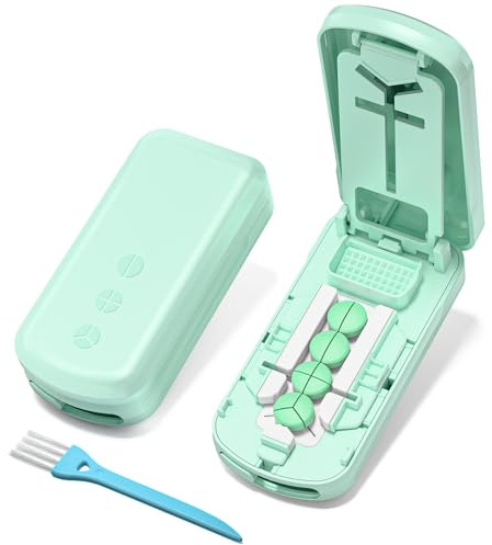 Daviky Pill Cutter for Small and Tiny Pills, 1/2 1/3 1/4 Tablet Splitter | Adjustable centring slot, covered dual blades and built-in storage for controlled splitting at home or on the go.