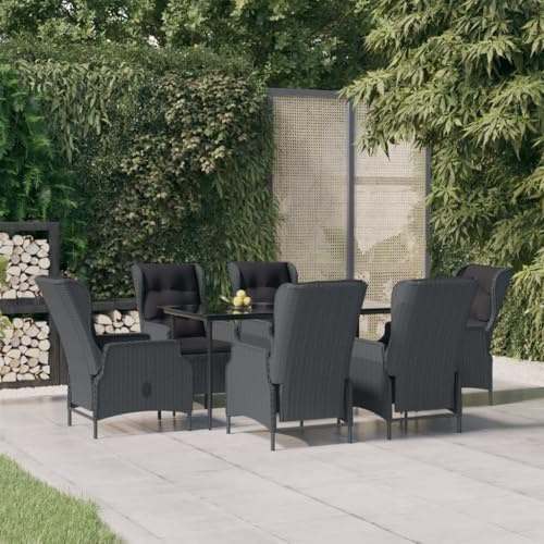 Ziaphsol 7-TLG. Garten-Essgruppe Dunkelgrau Poly Rattan, verstellbare Loungesessel, Hartglas-Tisch, wetterfestes Outdoor-Möbelset für Terrasse, Balkon
