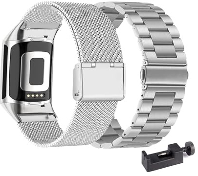 DINGK 2-Pack Metall Armband Kompatibel mit Fitbit Charge 6 Armbänder Verstellbare Edelstahl Schnalle Sport Ersatzarmband für Fitbit Charge 5 Armband für Damen Herren (1,Eine Grösse)