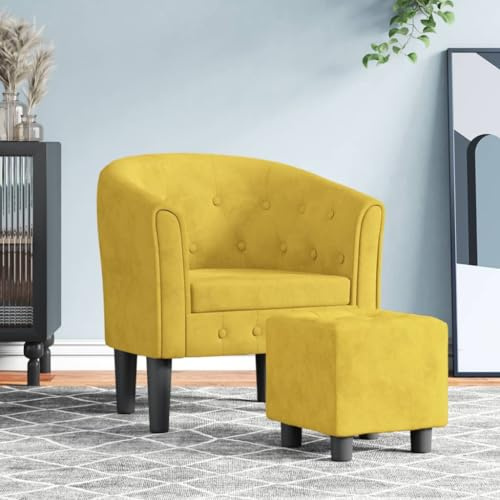 Owoxanthellate Gelber Clubsessel mit Fußhocker aus Samt 70 x 56 x 68 cm Massives Holzgestell Bequemer TV Sessel für Living Room Bedroom Office und Leseecke