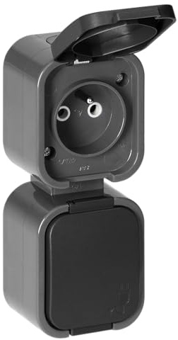 MIRATIC Prise Double Verticale Etanche IP54 Type E Double Prise Electrique Saillie avec Clapet Prise de Courant Murale Robuste pour Garage, Atelier et Exterieur (gris/noir)