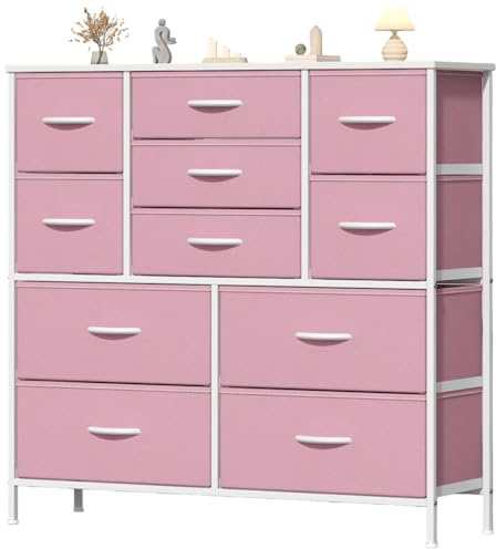 Feonase Chest of Drawers, Bedroom Tall Dresser with 11 Fabric Drawers, Metal Frame & MDF Wood Top, Adjustable Feet, Storage Organizer Unit for Bedroom, Closet, Living Room, Hallway Pink