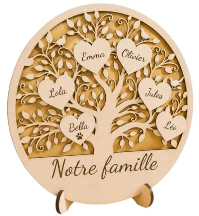 LANCK Arbre de Vie Personnalisé Notre Famille - Bois Double Couche avec Prénoms Gravés - Décoration Artisanale à Poser - Cadeau Fête des Mères & Anniversaire (2. Or)