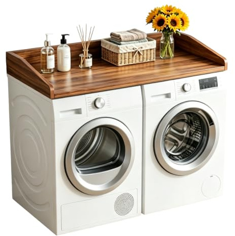 Arbeitsplatte für Waschmaschine und Trockner, Waschmaschinenauflage Holz mit Kante, Waschmaschinenregal Keine Montage Erforderlich, Wasserabweisende Abdeckung Holz für Waschküche (Braun, 120*60*7.5)