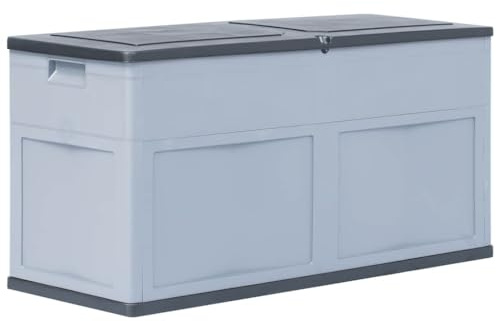 Foknhdi Gartenbox 320L Auflagenbox Grau Schwarz, Gartentruhe aus Kunststoff in Holz-Optik, Kissenbox für Garten und Terrasse, Box für Sitzkissen und Werkzeug, 119x46x60 cm