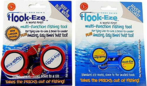 HOOK-EZE Knot Tying Tool Cover Hooks on 4 Fishing Poles, Standard & Large Size Combo - Line Cutter, Hook Covers for Saltwater & Freshwater - River Lake Coast Fly Fishing - Red & Blue