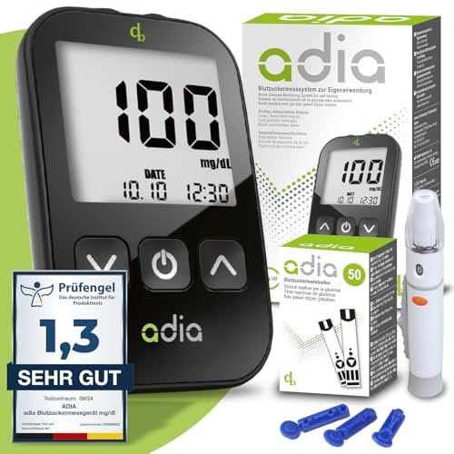 adia Blutzuckermessgerät (mg) mit 60 Blutzuckerteststreifen, 10 Lanzetten, 1 Stechhilfe, 1 Etui, Sparset zur Blutzucker-Selbstkontrolle bei Diabetes