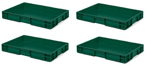 4 Stk. Transport-Stapelkasten TK675-0, grün, 600x400x75 mm (LxBxH), aus PP, Volumen: 14.5 Liter, Traglast: 30 kg, lebensmittelecht, made in Germany, Industriequalität