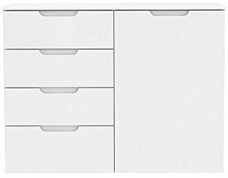 FORTE Sienna Kommode mit 1 Tür und 4 Schubladen, Holzwerkstoff, Weiß/ Weiß Hochglanz, 109.9 x 34.1 x 84.9 cm