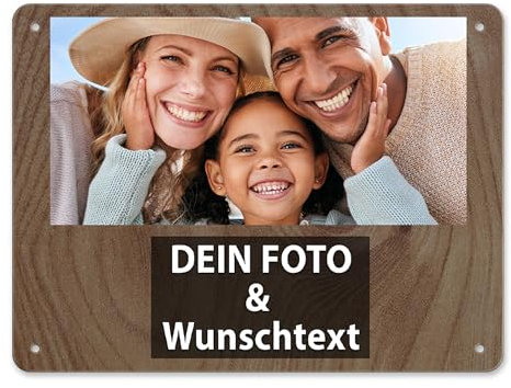 Tassendruck Blech-Schild mit Foto und Text selbst gestalten/Personalisierbar mit eigenem Bild als Metall-Poster / A5 (15x20cm) im Querformat/Holz 2