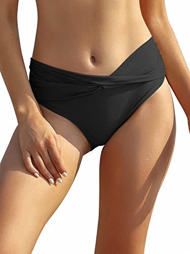 SHEKINI Fondo Bikini per Donna Triangolo Classico Ruched Bikini Nuoto Tronchi Culotte Slip Costumi da Bagno Pantaloncini da Spiaggia (M, Nero)