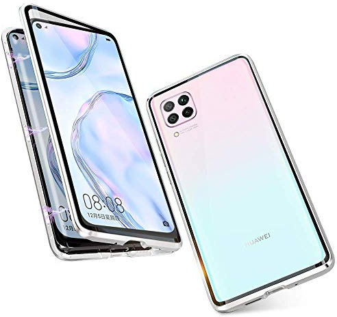 Gypsophilaa Coque pour Huawei P40 Lite Adsorption Magnétique Tech Housse 360 Degrés Protection Étui Antichoc Cadre Aluminium Verre Trempé Aimant Fort Métal Flip Cover