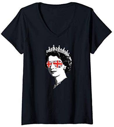 Femme Reine Elizabeth II - Lunettes de soleil Britannique Meme T-Shirt avec Col en V