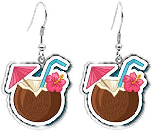 Ohrringe aus Acryl mit tropischen tropischen Kokosnuss-Design, Tropfenform mit braunen rosa und blauen Details