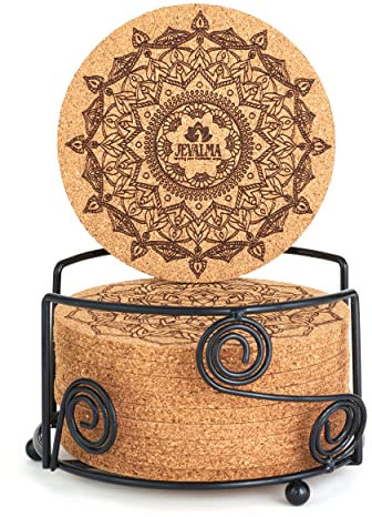 Jevalma Korkuntersetzer, rund, 10 cm, 100 % umweltfreundliches Kork-Design, Mandala-Muster, Kork-Untersetzer absorbiert Tee- oder Kaffee-Tropfen