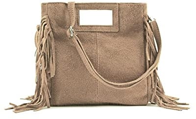 Modelisa - Sac à main avec bandoulière et franges en cuir fabriqué en Italie pour femme, beige, Taille unique