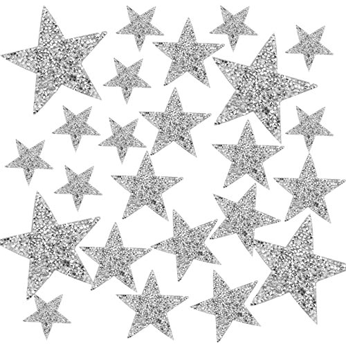 wocpvm 24 Stück Silber Aufbügler Strass Bügelbilder Glitzer Patches Aufnäher Applikation Zum Aufbügeln für Kleidung, Jeans, Rucksack, Hut, Taschen, Schuhe, DIY, 8/6/4 cm