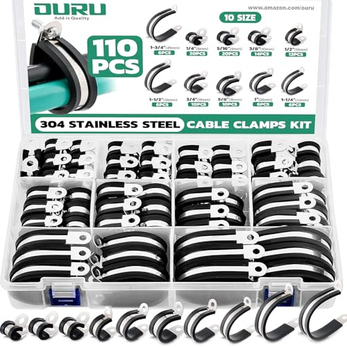 OURU 110PCS Cable Clamps Assortment Kit,10 Sizes—1/4 5/16 3/8 1/2 5/8 3/4 1 1-1/4 1-1/2 1-3/4 Stainless Steel Rubber Coated Cushioned Insulated Cable Clamp,Automotive Wire Pipe Clamps