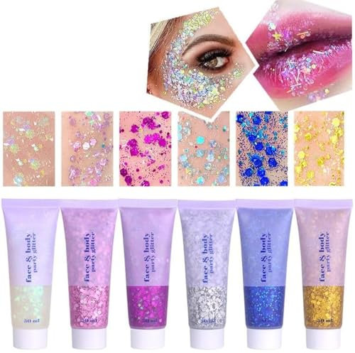 Beliky Girl Body Glitter Gel, 50ML Face Glitters Body Gel Sequins Shimmer Liquid Eyeshadow, Mermaid Sequins Liquid Holographic Glitters, Christmas Festival Rave Accessories Set 6Pcs