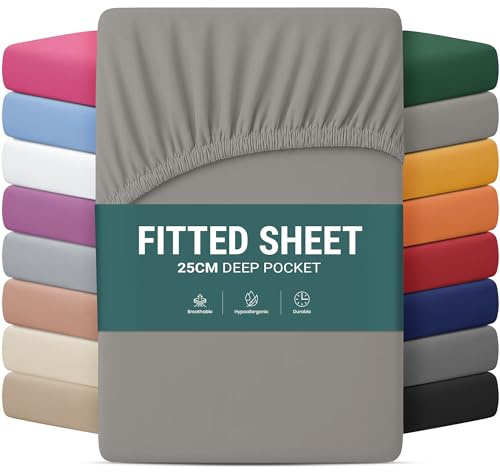 Yorkshire Bedding Single Fitted Sheet 25CM Extra Deep Pocket Grey Bed Sheets with Elastic Corners Anti Wrinkle Soft Brushed Microfiber Breathable Shrinkage Fade-Resistant Bedsheets