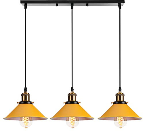 PETITES ECREVISSES Pendelleuchte 3 flammig Vintage Hängeleuchte E27 Retro Hängelampe Industrielle Metall Lampenschirm 22cm Deckenleuchte Design für Küche Wohnzimmer Esszimmer (Gelb)