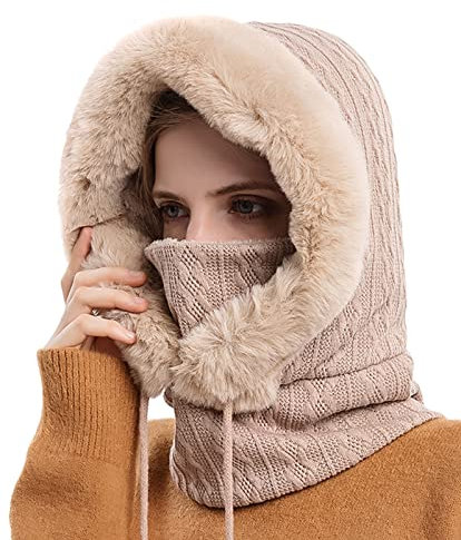 SEAUR 3 in 1 Sturmhaube Damen Schlupfmütze Fleece Gefüttert Wintermütze Strickmütze Skimütze Warm Balaclava Fahrrad Mütze Schal Gesichtsmaske - Beige