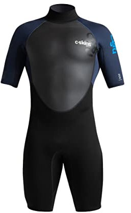 C-Skins 2023 Mens Element 2 3/2mm Back Zip Shorty Wetsuit - Black Slate Cyan - Breathable - Xtend neoprene upper body Mens Wetsuit - 3XL
