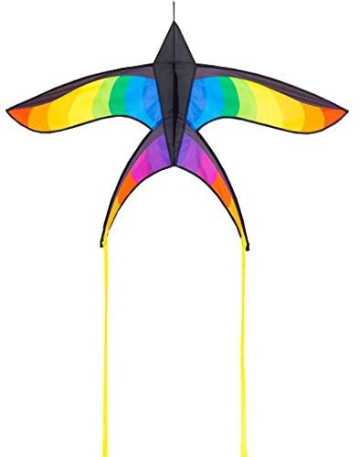 HQ Design - Flying Creatures, Kinderdrachen Flugdrachen Einleiner Drachen zum steigen Lassen, wenig Wind ab 5 Jahren, Polyesterschnur auf Spule oder Griff (Swallow Kite Rainbow)
