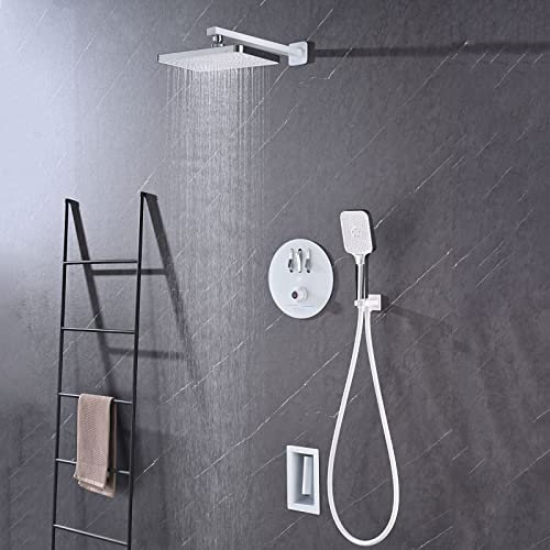 XJTNLB Mischbatterie mit Dusche Unterputz mit Thermostat Weiß Regendusche mit Armatur mit Kopfbrause Handbrause Weiß-B