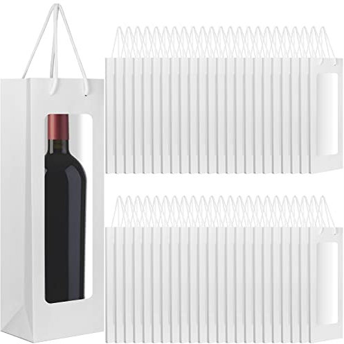 50 Stück Wein-Geschenktüten mit Fenster 12.4x9.1x36.1 cm Kraftpapier-Weintüten mit Fenstern, Kraftpapier, Blumen-Geschenkbeutel, transparente Fenstertüten für Valentinstag, Party, Geschenk (weiß)